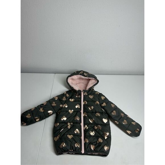 Carter's Puffer Coat Gold Hearts Print Size 4T Brown Pink See Description - Picture 1 of 11